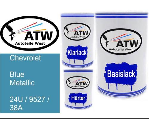 Chevrolet, Blue Metallic, 24U / 9527 / 38A: 500ml Lackdose + 500ml Klarlack + 250ml Härter - Set, von ATW Autoteile West.